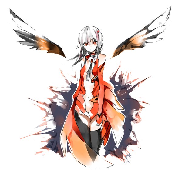 Anime picture 1000x953 with guilty crown production i.g yuzuriha inori kotatu (akaki01aoki00) single long hair looking at viewer light erotic simple background red eyes white background bare shoulders silver hair bare belly center opening girl thighhighs navel black thighhighs detached sleeves
