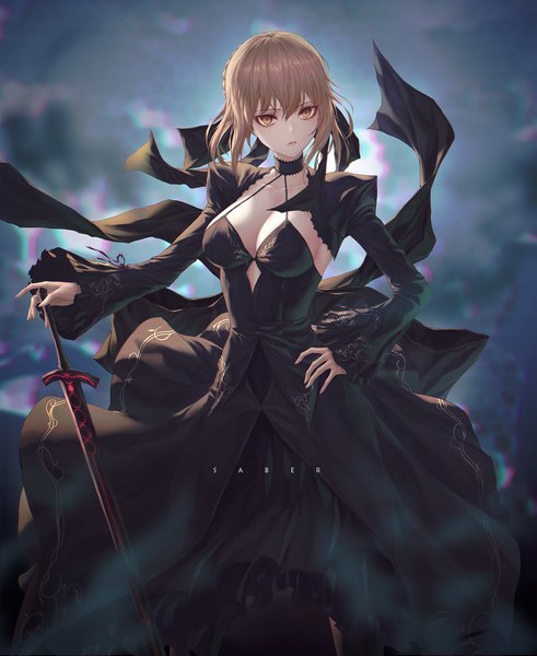Anime picture 1636x2000 with fate (series) fate/grand order fate/stay night artoria pendragon (all) saber alter und0 single tall image looking at viewer fringe short hair breasts light erotic blonde hair hair between eyes large breasts standing holding yellow eyes payot