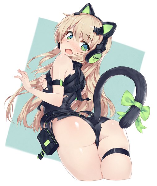 Anime picture 800x944 with girls frontline tmp (girls frontline) kylin single long hair tall image blush fringe breasts open mouth light erotic simple background blonde hair hair between eyes green eyes animal ears ass tail animal tail looking back