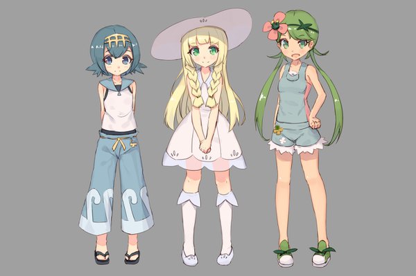 Anime picture 1280x853 with pokemon pokemon (game) pokemon sm nintendo lillie (pokemon) mallow (pokemon) lana (pokemon) shone long hair looking at viewer fringe short hair open mouth blue eyes blonde hair simple background smile standing twintails multiple girls