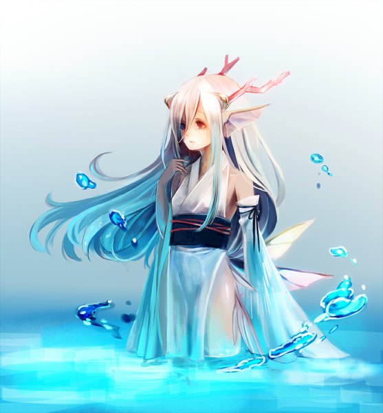 Anime picture 1000x1077 with original aka tonbo (lovetow) single long hair tall image red eyes bare shoulders green eyes animal ears looking away white hair traditional clothes japanese clothes horn (horns) heterochromia girl detached sleeves water bubble (bubbles)