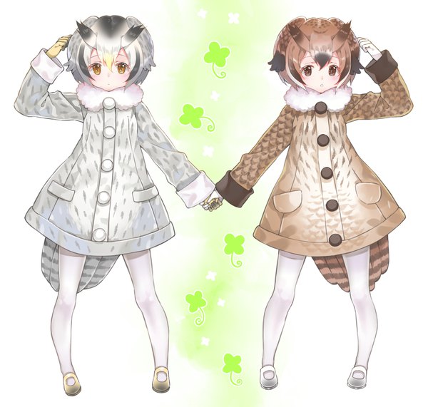 Anime picture 1000x953 with kemono friends northern white-faced owl (kemono friends) eurasian eagle owl (kemono friends) shiosoda looking at viewer fringe short hair hair between eyes brown hair standing white background multiple girls brown eyes silver hair full body tail holding hands hand on head bird girl girl