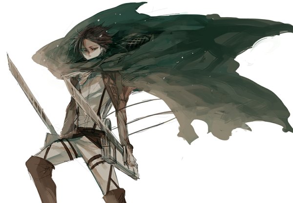 Anime picture 1153x798 with shingeki no kyojin production i.g levi (rivaille) nair single looking at viewer fringe short hair black hair simple background standing white background holding dual wielding bent over boy uniform belt thigh strap cape