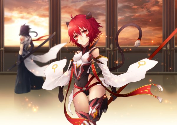Anime picture 1023x723 with original kyoeiki looking at viewer short hair light erotic red eyes red hair tail girl thighhighs boy gloves weapon detached sleeves sword black gloves elbow gloves katana
