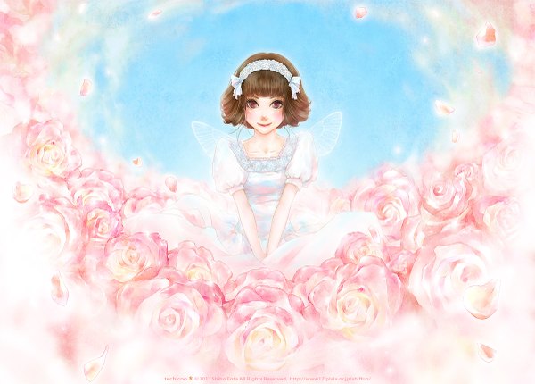 Anime picture 1200x861 with original enta shiho single blush short hair smile brown hair purple eyes lips fairy girl dress petals wings hairband rose (roses)