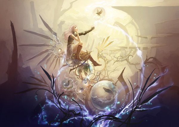 Anime picture 1485x1050 with original yuu (ytkn) single long hair pink hair arm support outstretched arm looking up girl animal water bird (birds) bubble (bubbles) fish (fishes)