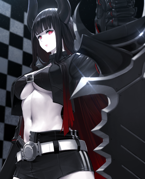 Anime picture 1818x2244 with black rock shooter black gold saw dishwasher1910 single long hair tall image looking at viewer fringe highres breasts light erotic black hair large breasts standing holding payot red hair blunt bangs pink eyes multicolored hair
