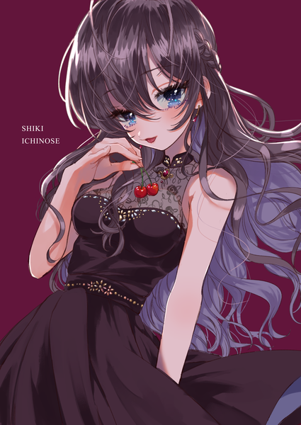 Anime picture 1254x1771 with idolmaster idolmaster cinderella girls idolmaster cinderella girls starlight stage ichinose shiki murasaki pomeranian single long hair tall image looking at viewer blush fringe breasts simple background smile hair between eyes brown hair standing bare shoulders holding braid (braids)