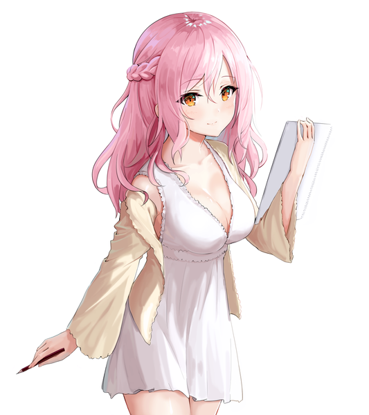 Anime picture 1200x1350 with original mitamura single long hair tall image fringe breasts light erotic simple background smile hair between eyes standing white background bare shoulders holding looking away pink hair cleavage braid (braids) long sleeves
