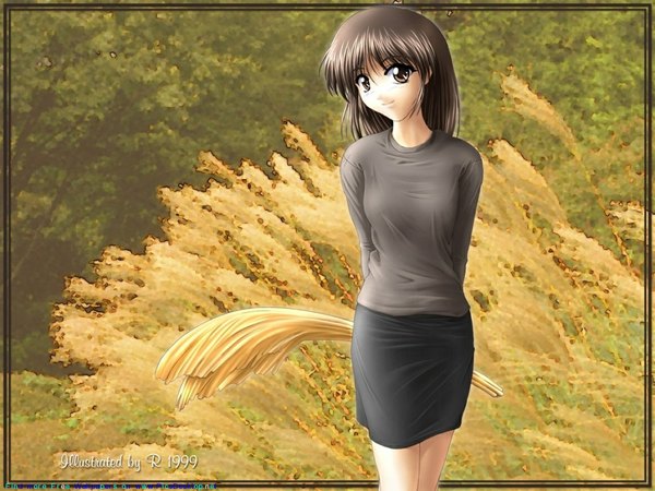 Anime picture 1152x864 with single smile brown hair brown eyes nature girl skirt plant (plants) tree (trees)