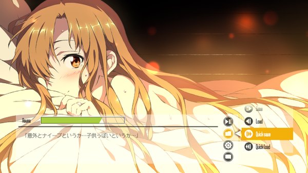 Anime picture 1280x720 with sword art online a-1 pictures yuuki asuna mizuki makoto single long hair looking at viewer blush brown hair wide image brown eyes lying nude character names girl ring