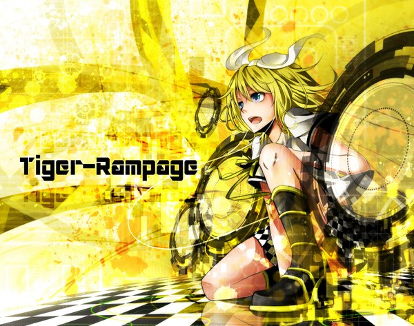 Anime picture 1500x1184 with vocaloid kagamine rin nou tiger rampage (vocaloid) single short hair open mouth blue eyes blonde hair checkered floor girl skirt miniskirt