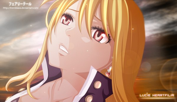 Anime picture 1024x591 with fairy tail lucy heartfilia tremblax single long hair blonde hair red eyes wide image sky cloud (clouds) sunlight inscription coloring portrait girl earrings