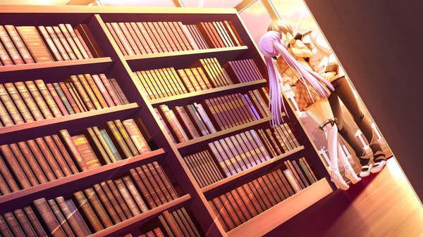 Anime picture 1920x1080 with hyper highspeed genius shunju utako miyasu risa long hair highres wide image twintails game cg purple hair couple kiss girl thighhighs boy white thighhighs serafuku book (books)