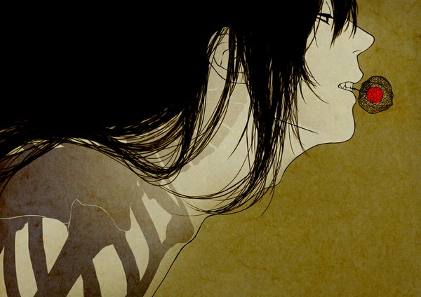 Anime picture 1000x708 with original shirousagi (artist) single long hair simple background brown hair bare shoulders profile black eyes teeth mouth hold topless transparent skeleton bone (bones) boy physalis