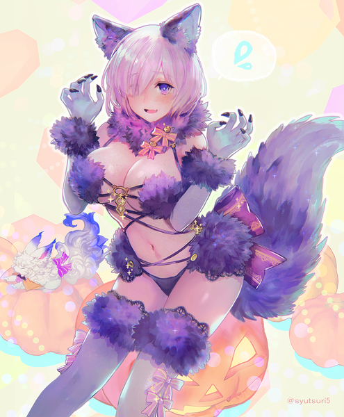 Anime picture 800x969 with fate (series) fate/grand order mash kyrielight fou (fate) dangerous beast shutsuri single tall image blush fringe short hair breasts open mouth light erotic large breasts purple eyes signed animal ears purple hair tail