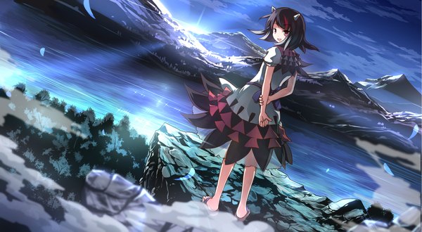 Anime picture 2274x1254 with touhou kijin seija risutaru single looking at viewer highres short hair open mouth black hair red eyes wide image looking back sunlight dutch angle hands behind back mountain landscape scenic lake morning