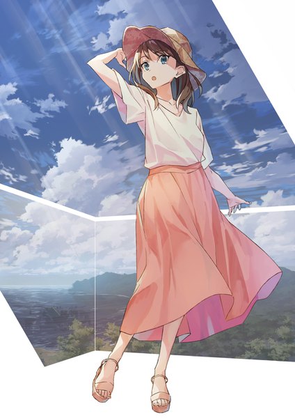 Anime picture 950x1344 with original k-me single long hair tall image open mouth blue eyes brown hair standing looking away sky cloud (clouds) full body casual fashion girl skirt hat sea t-shirt