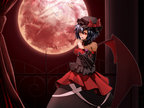 Anime picture 1328x994 with touhou remilia scarlet short hair black hair red eyes night vampire red moon girl dress gloves hat wings elbow gloves moon full moon