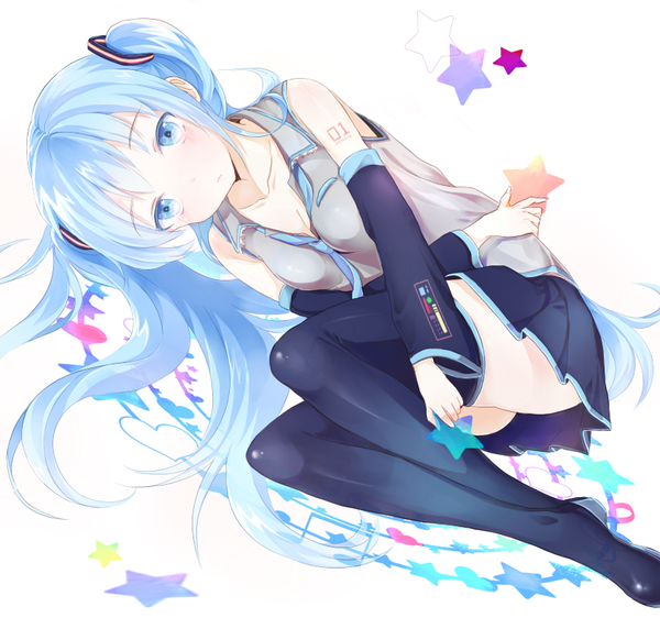 Anime picture 845x820 with vocaloid hatsune miku mery (yangmalgage) single long hair blush fringe blue eyes light erotic simple background white background twintails bare shoulders blue hair looking away cleavage lying open collar embryo's pose girl