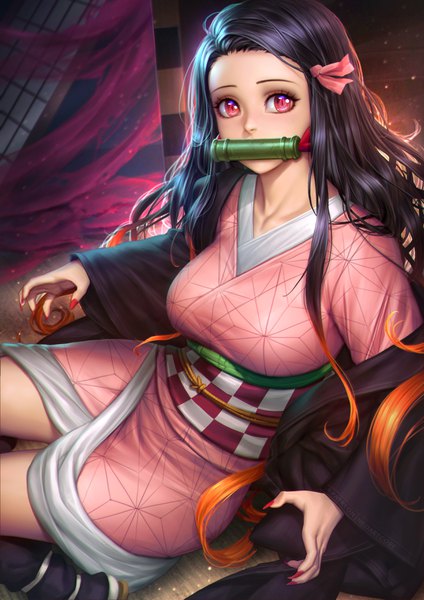 Anime picture 2480x3508 with kimetsu no yaiba ufotable kamado nezuko nudtawut thongmai single long hair tall image looking at viewer highres breasts black hair red eyes large breasts sitting holding nail polish traditional clothes japanese clothes multicolored hair fingernails