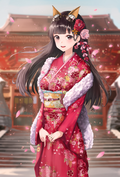 Anime picture 2381x3508 with granblue fantasy jessica (granblue fantasy) wakum single long hair tall image looking at viewer blush fringe highres open mouth black hair smile standing brown eyes outdoors blunt bangs traditional clothes :d japanese clothes