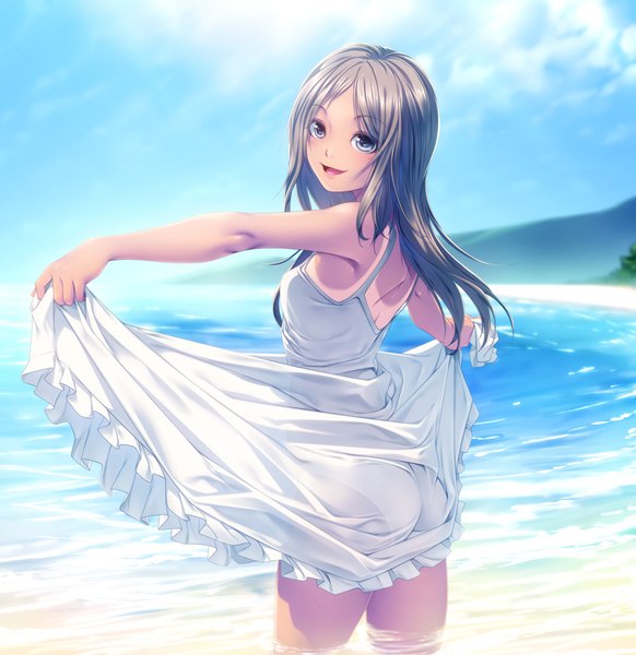 Anime picture 970x1000 with original rezi single long hair tall image open mouth blue eyes light erotic sky cloud (clouds) looking back grey hair girl water sea sundress