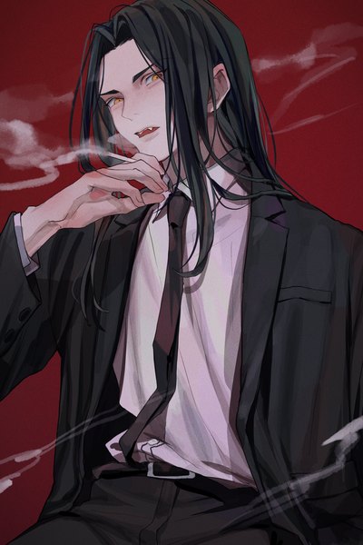 Anime picture 2340x3512 with tokyo revengers baji keisuke popo 6996 single long hair tall image highres black hair simple background yellow eyes upper body fang (fangs) smoke red background boy necktie suit cigarette business suit