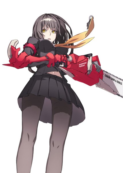 Anime picture 1000x1400 with original yucca-612 (neco) single long hair tall image looking at viewer black hair simple background white background yellow eyes mechanical parts girl weapon pantyhose serafuku chainsaw