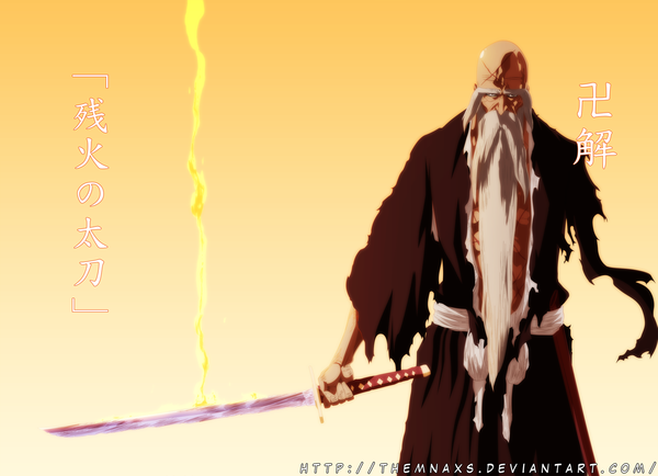 Anime picture 2000x1447 with bleach studio pierrot yamamoto genryuusai shigekuni themnaxs single highres simple background brown eyes white hair japanese clothes coloring torn clothes magic hieroglyph scar bald old man boy weapon sword