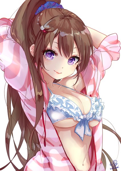 Anime picture 700x990 with original pisuke single long hair tall image looking at viewer fringe breasts light erotic simple background smile brown hair large breasts white background purple eyes signed upper body ponytail bare belly underboob