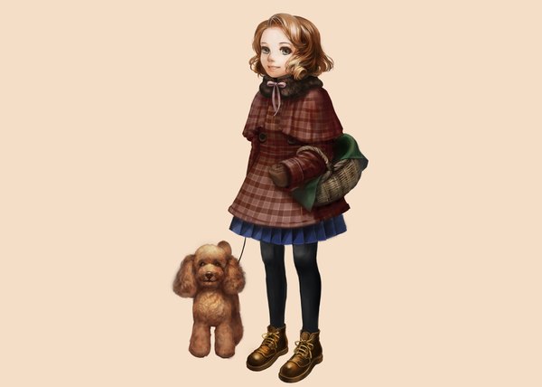 Anime picture 2010x1437 with original umedama highres short hair simple background smile brown hair standing girl skirt gloves animal pantyhose shoes coat dog basket poodle