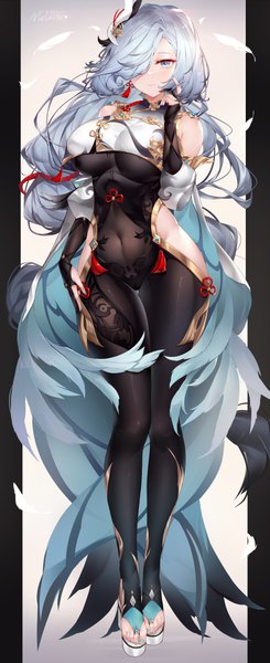 Anime picture 1500x3678 with genshin impact shenhe (genshin impact) melailai single long hair tall image looking at viewer fringe breasts blue eyes light erotic large breasts standing signed silver hair full body braid (braids) nail polish arm up hair over one eye