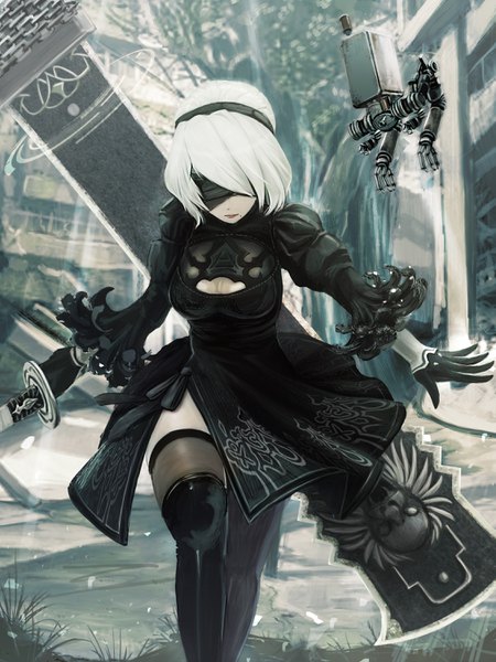 Anime picture 2250x3000 with nier nier:automata yorha no. 2 type b pod (nier:automata) ruun (abcdeffff) single tall image highres short hair holding outdoors white hair mole outstretched arm side slit cleavage cutout mole under mouth running blindfold covering eye (eyes)