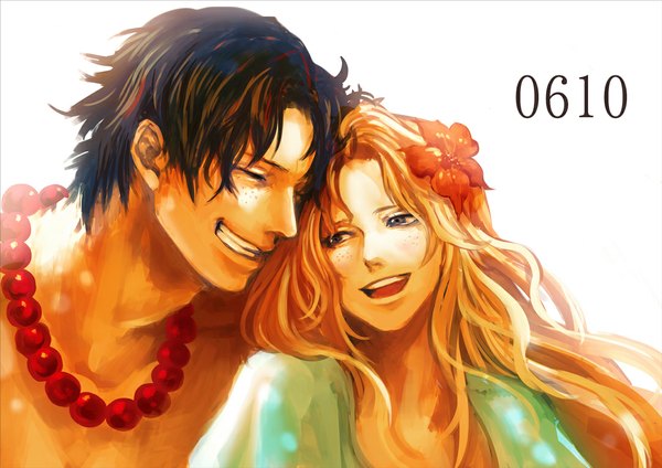 Anime picture 1082x765 with one piece toei animation portgas d. ace portgas d rouge tsuyomaru long hair short hair open mouth blue eyes black hair simple background blonde hair smile white background eyes closed hair flower happy freckles girl boy