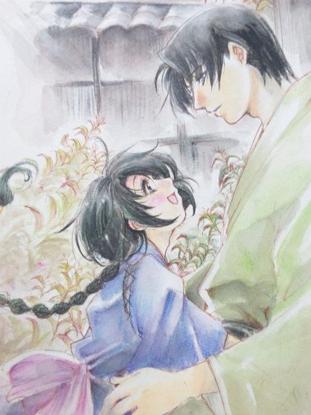 Anime picture 1536x2048 with rurouni kenshin makimachi misao shinomori aoshi sana (artist) long hair tall image blush short hair open mouth black hair braid (braids) traditional clothes japanese clothes profile hug single braid traditional media watercolor (medium) girl boy