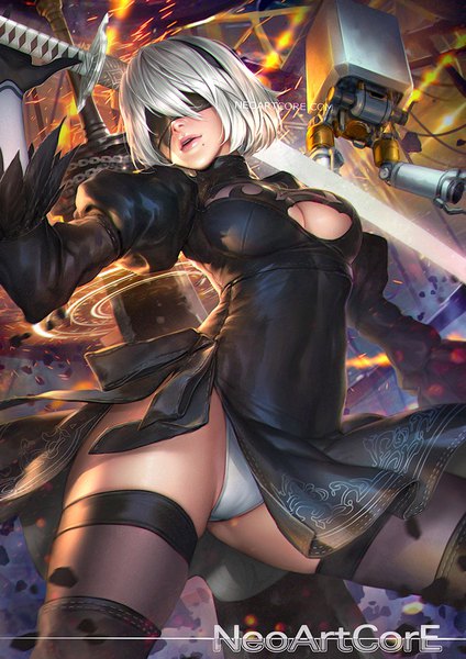 Anime picture 700x990 with nier nier:automata yorha no. 2 type b pod (nier:automata) nudtawut thongmai single tall image fringe short hair breasts light erotic signed silver hair parted lips lips realistic inscription mole from below puffy sleeves