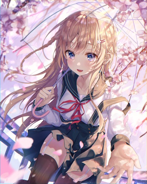 Anime-Bild 4000x5000 mit original aibek single long hair tall image looking at viewer blush fringe highres breasts open mouth blue eyes blonde hair smile sitting holding absurdres outdoors braid (braids) :d