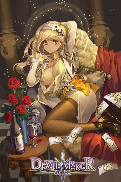 Anime picture 1800x2700 with devil maker lightbreeze single long hair tall image looking at viewer highres breasts light erotic blonde hair orange eyes arm behind head girl thighhighs black thighhighs earrings boots alcohol wine glass wine