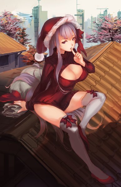Anime picture 1280x1978 with fate (series) fate/extra fate/extra ccc type-moon bb (fate) (all) bb (fate/extra) saimon ma single long hair tall image light erotic purple eyes cleavage purple hair fur trim finger to mouth christmas girl thighhighs hat