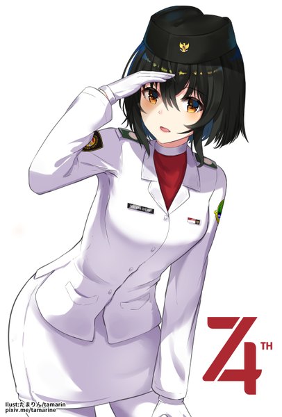 Anime picture 1000x1476 with original sy 1755 single tall image looking at viewer fringe short hair breasts open mouth black hair simple background hair between eyes standing white background signed yellow eyes long sleeves arm up shaded face salute