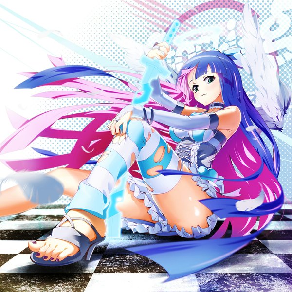 Anime picture 1000x1000 with panty & stocking with garterbelt anarchy stocking bun150 single long hair green eyes purple hair nail polish multicolored hair colored inner hair checkered floor girl thighhighs sword feather (feathers) striped thighhighs single thighhigh torn thighhighs