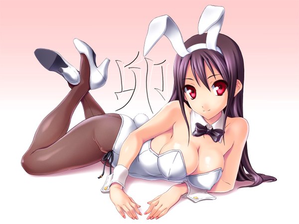 Anime picture 1440x1080 with original norizou type-r single long hair breasts light erotic black hair simple background red eyes animal ears cleavage bunny ears bunny girl bunny tail girl shoes bowtie bunnysuit