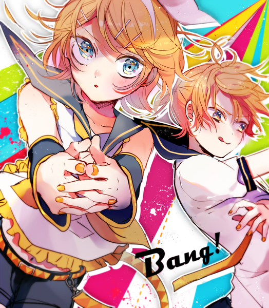 Anime picture 2000x2290 with vocaloid kagamine rin kagamine len makoji (yomogi) tall image looking at viewer blush highres short hair blue eyes blonde hair looking away nail polish text outstretched arm shaded face english siblings twins interlocked fingers