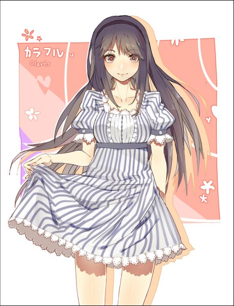 Anime picture 1000x1307 with mahou shoujo madoka magica shaft (studio) akemi homura single long hair tall image looking at viewer blush black hair smile silver eyes girl dress ribbon (ribbons) hairband