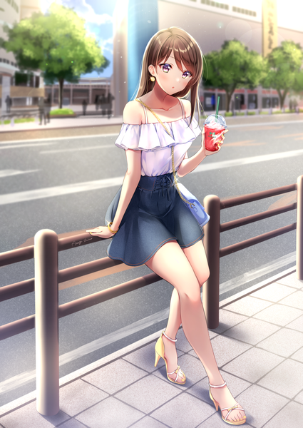 Anime picture 1129x1593 with original amagi shino single long hair tall image looking at viewer blush fringe hair between eyes brown hair sitting purple eyes bare shoulders holding signed full body outdoors nail polish head tilt fingernails