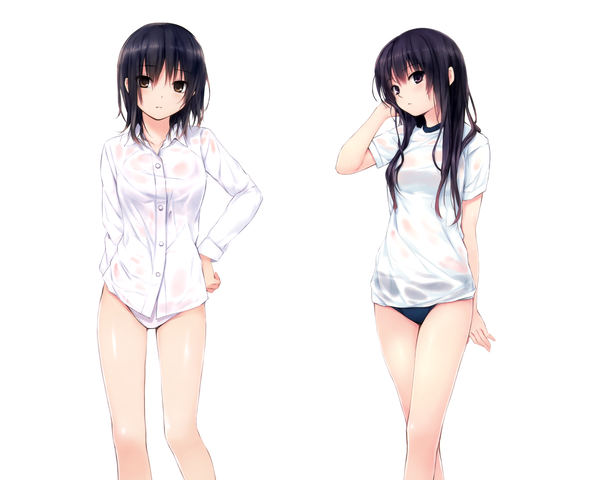 Anime picture 2500x2000 with original aoyama sumika shiramine rika coffee-kizoku long hair looking at viewer blush highres short hair breasts light erotic black hair simple background standing white background multiple girls brown eyes wet legs hand on hip