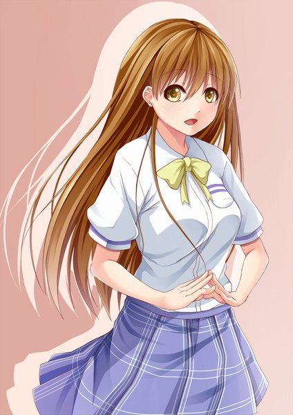 Anime picture 707x1000 with original creek (moon-sky) single long hair tall image looking at viewer open mouth brown hair brown eyes girl skirt shirt bowtie