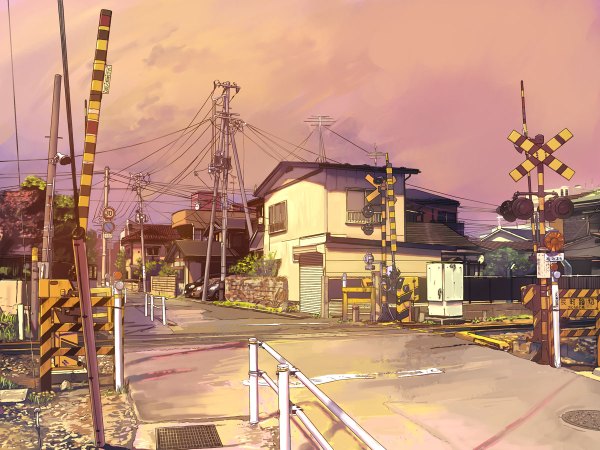 Anime picture 1200x900 with suchfolder sky city landscape railroad crossing power lines railroad tracks telephone pole aerial