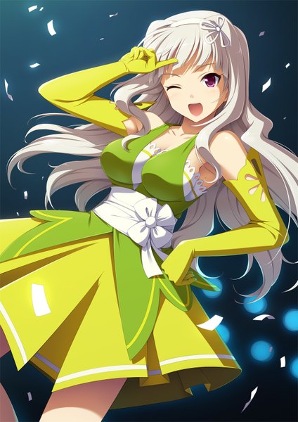 Anime picture 1060x1499 with idolmaster shijou takane cygnus (artist) single long hair tall image open mouth purple eyes white hair one eye closed wink floral (idolmaster) vital sunflower girl dress gloves elbow gloves hairband